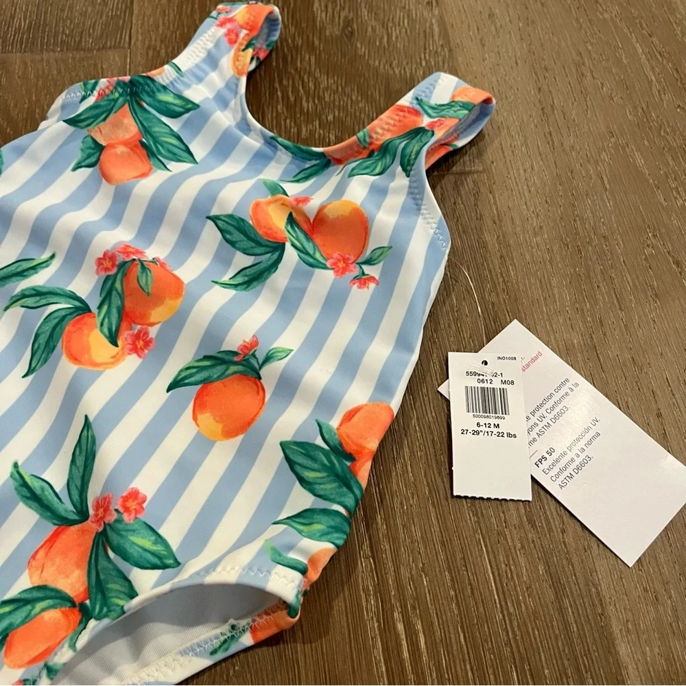 Old Navy Baby Girl Blue Striped Swimsuit Bow Peach Size 6-12 Months